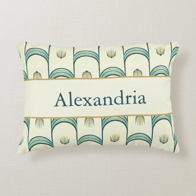 Personalized Art Deco Teal & Gold Geometric Prydnadskudde (Framsidan)