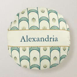 Personalized Art Deco Teal & Gold Geometric Rund Kudde