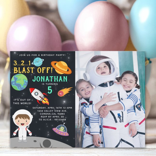 Personalized Astronaut Birthday with Photo Space Inbjudningar (Skapare uppladdad)