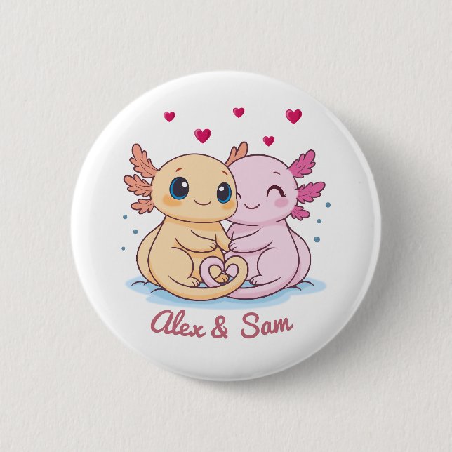 Personalized Axolotl Valentine Button with Names Knapp (Framsida)