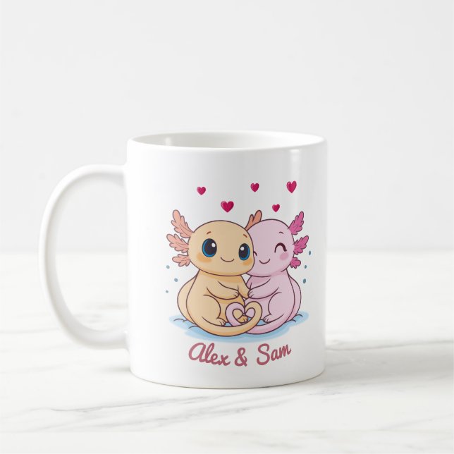 Personalized Axolotl Valentine Mug with Names Kaffemugg (Vänster)