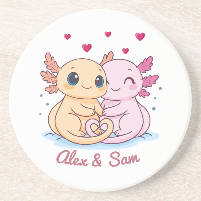 Personalized Axolotl Valentine Sandstone Coaster Underlägg (Framsidan)