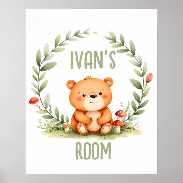 Personalized Baby Bear Watercolor Woodland Nursery Poster (Framsidan)