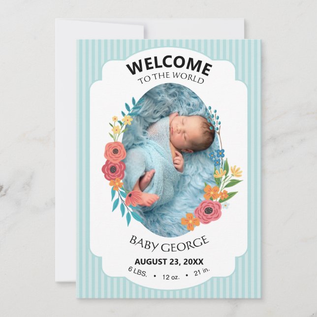 personalized baby blue floral Birth announcements (Framsida)