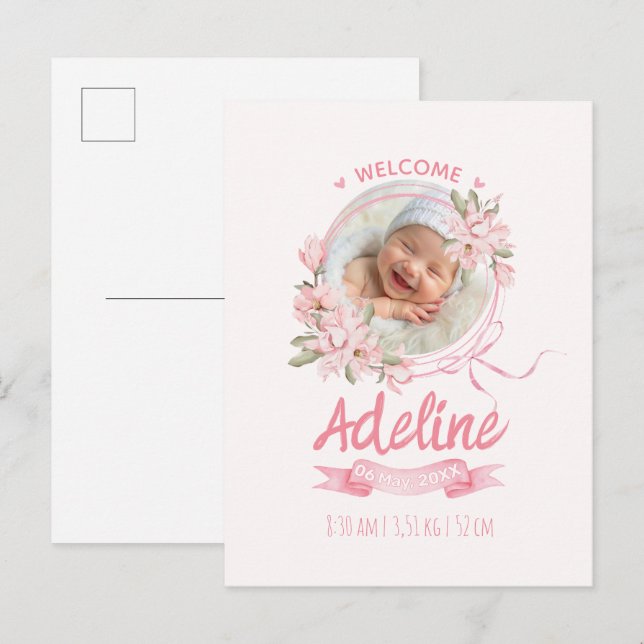 personalized baby blue floral Birth announcements Vykort (Fram/baksida)