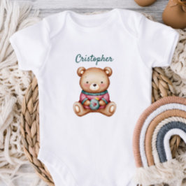 Personalized Baby Bodysuit with Cute Teddy Bear T Shirt