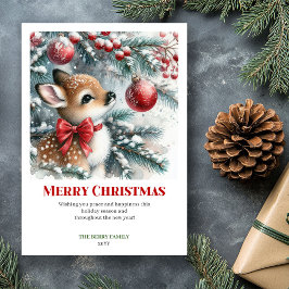 Personalized Baby Fawn Winter Scene Watercolor Julkort