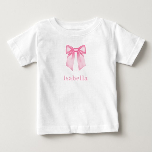 Personalized Baby Girl Pink Bow Name T Shirt (Framsida)