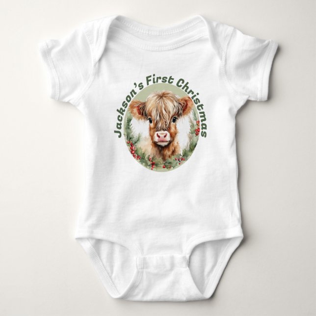 Personalized “Baby’s First Christmas” Highland Cow T Shirt (Framsida)