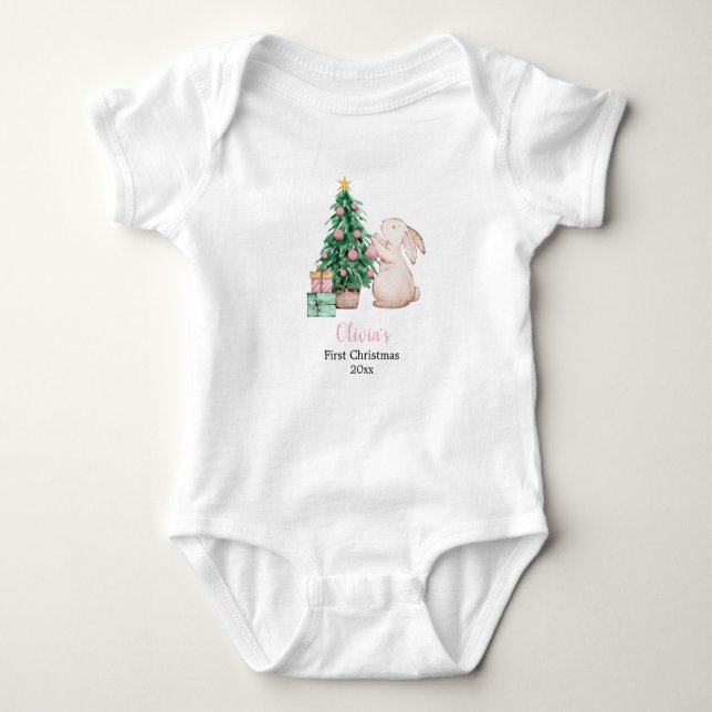 Personalized Baby’s First Christmas rabbit theme T Shirt (Framsida)