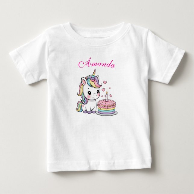Personalized Baby Unicorn Birthday Cake T-Shirt (Framsida)