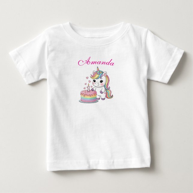 Personalized Baby Unicorn Birthday Cake T-Shirt (Framsida)
