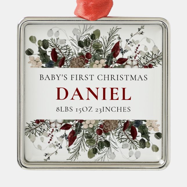 Personalized Baby's 1st Christmas Winter Floral  Julgransprydnad Metall (Framsidan)