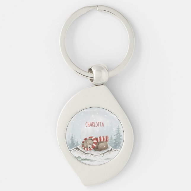 personalized badge sleeping bear winter animal cus swirl silverfärgad nyckelring (Framsidan)