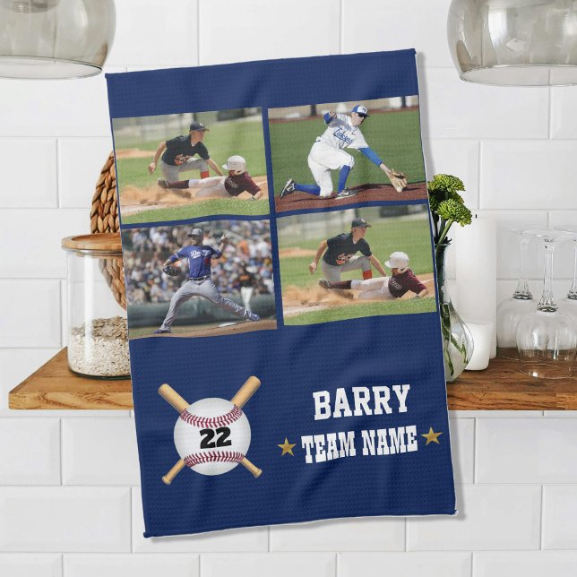 Personalized Baseball 4 Photo Collage Name Team Kökshandduk (Skapare uppladdad)