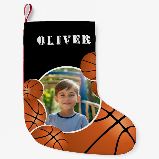 Personalized Basketball Ball Football Boy Photo  Liten Julstrumpa (Framsidan)