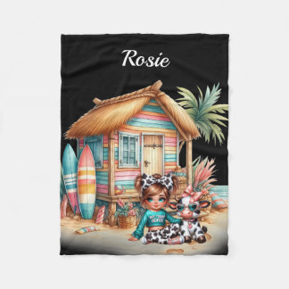 Personalized Beach Hut and Cow Print Girl Blanket Fleecefilt