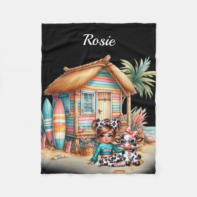 Personalized Beach Hut and Cow Print Girl Blanket Fleecefilt (Framsidan)