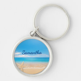 Personalized Beach Keychain | Ocean Name Keychain Rund Silverfärgad Nyckelring