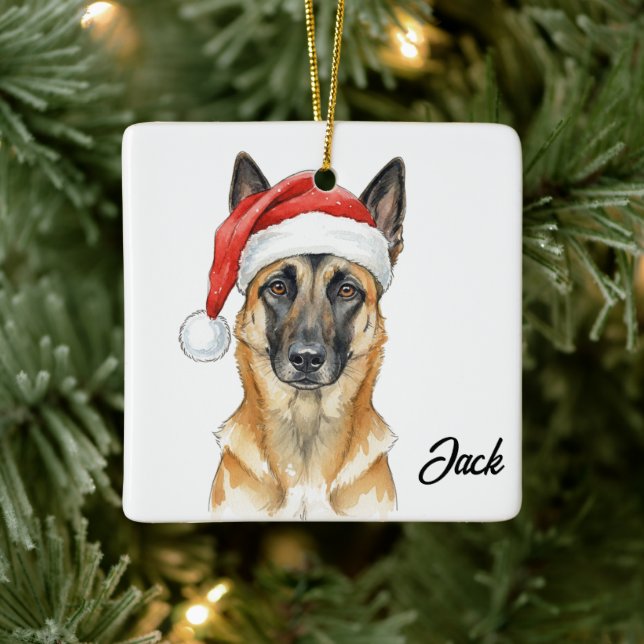 Personalized  Belgian Malinois Dog with Santa Hat Julgransprydnad Keramik (Träd)