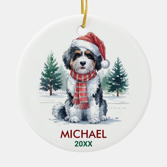 Personalized Bernedoodle Dog Christmas Julgransprydnad Keramik (Framsidan)