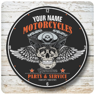 Personalized Biker Flying Skull Motorcycle Shop Stor Klocka