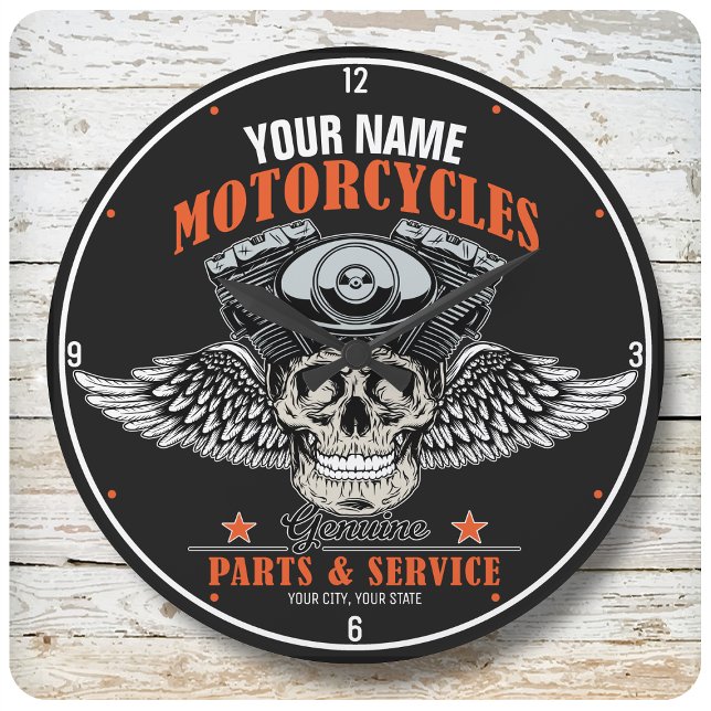 Personalized Biker Flying Skull Motorcycle Shop Stor Klocka (Skapare uppladdad)