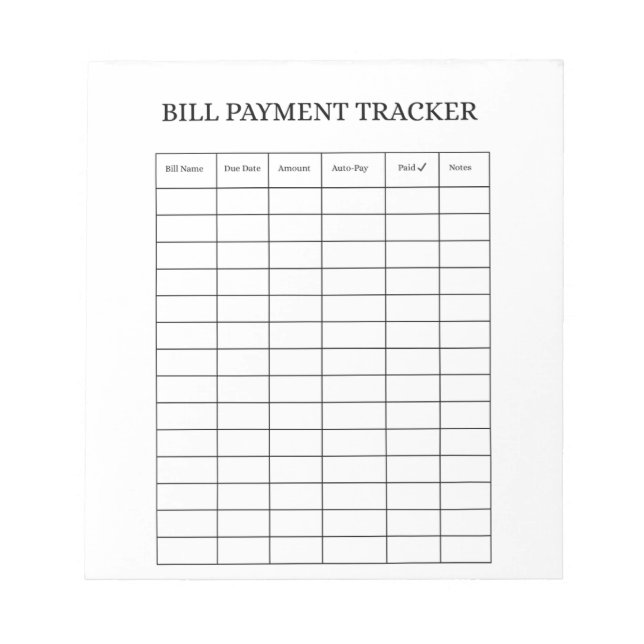 Personalized Bill Payment Tracker Notepad Anteckningsblock (Framsida)