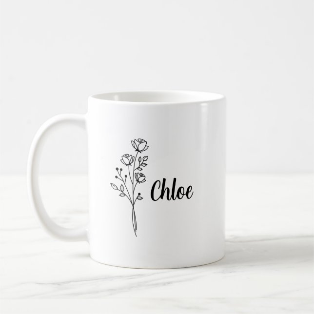 Personalized Birth Flower Ceramic Mug, Custom name Kaffemugg (Vänster)
