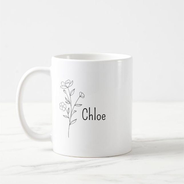 Personalized Birth Flower Ceramic Mug, Custom name Kaffemugg (Vänster)