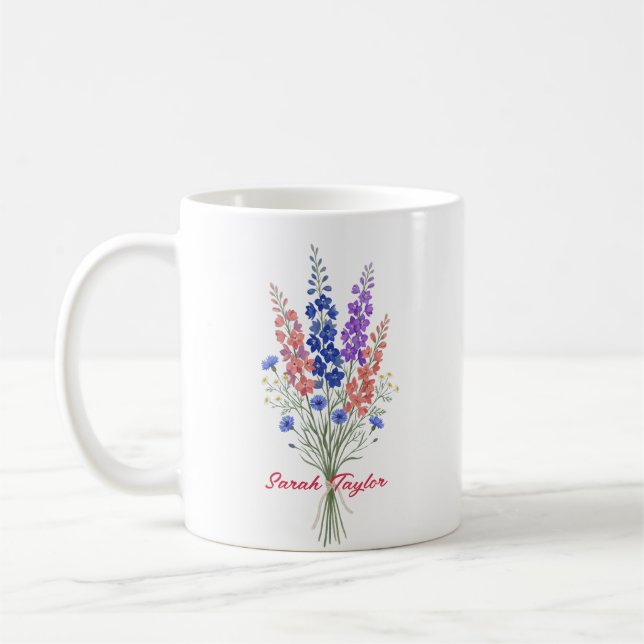 Personalized Birth Flower Larkspur Custom Kaffemugg (Vänster)