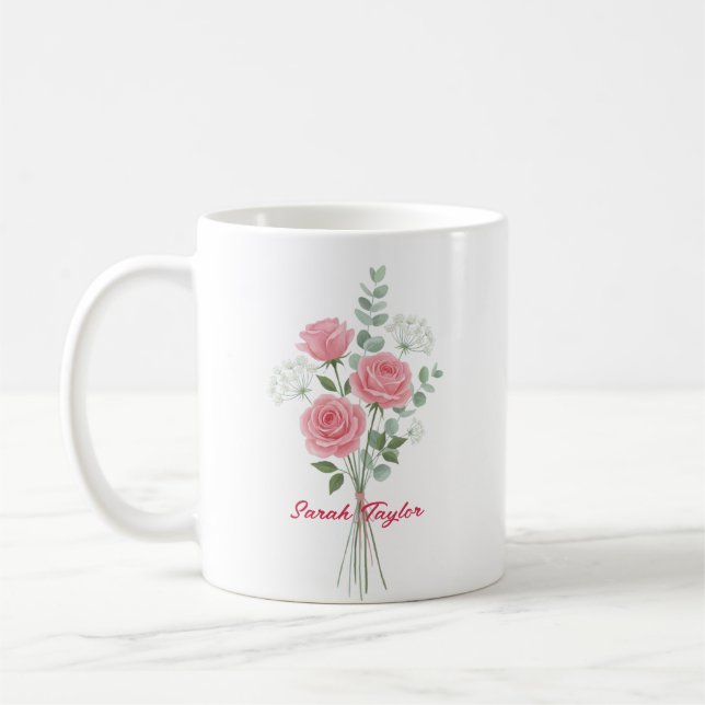 Personalized Birth Flower Pink Rose Custom Kaffemugg (Vänster)