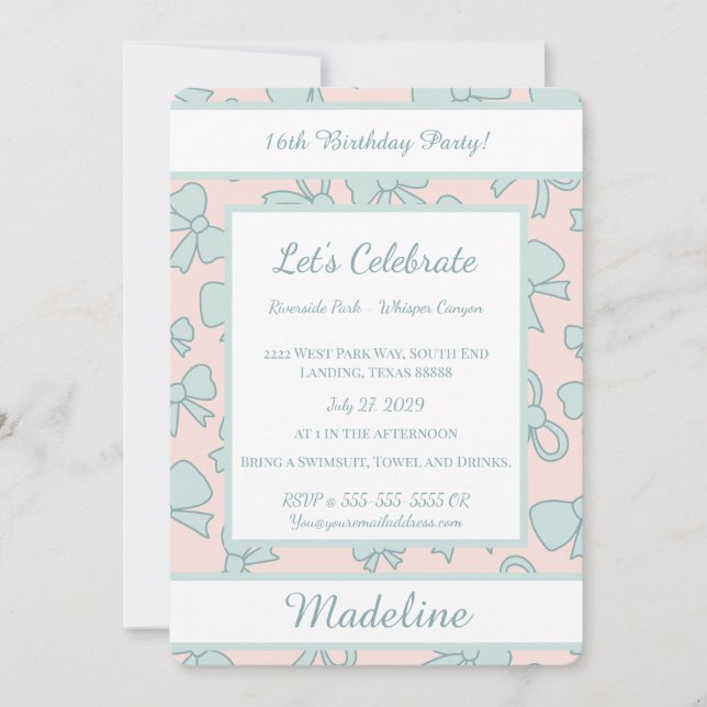 Personalized Birthday Blue Bow Sweet Invitation Inbjudningar (Framsida)