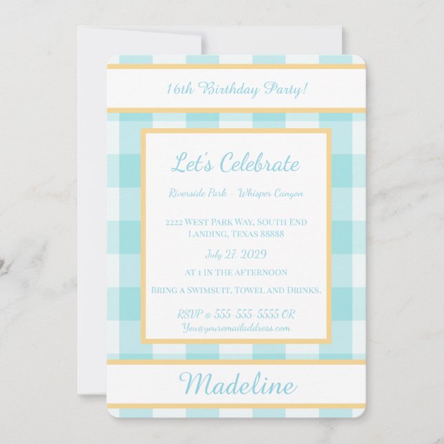 Personalized Birthday Gingham Blue Invitation Inbjudningar (Framsida)