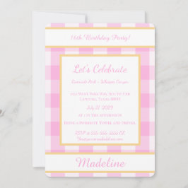 Personalized Birthday Gingham Pink Invitation Inbjudningar
