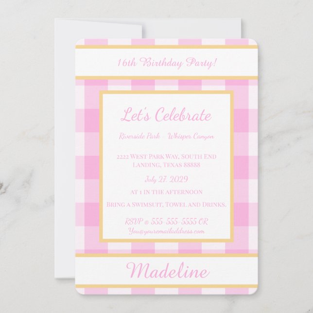 Personalized Birthday Gingham Pink Invitation Inbjudningar (Framsida)
