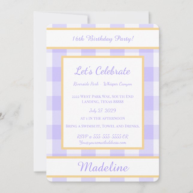 Personalized Birthday Gingham Purple Invitation Inbjudningar (Framsida)