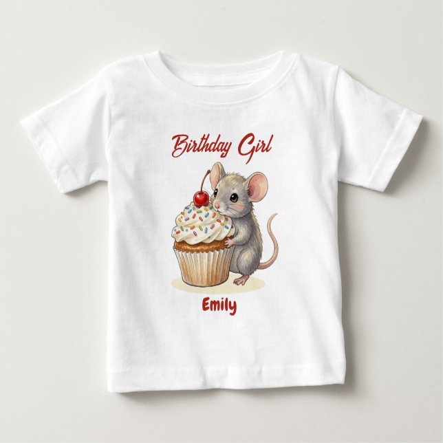 Personalized Birthday Girl | Cute Mouse & Cupcake T Shirt (Framsida)