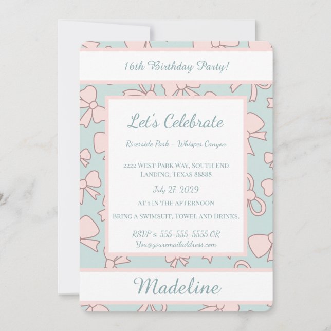 Personalized Birthday Pink Bow Sweet Invitation Inbjudningar (Framsida)