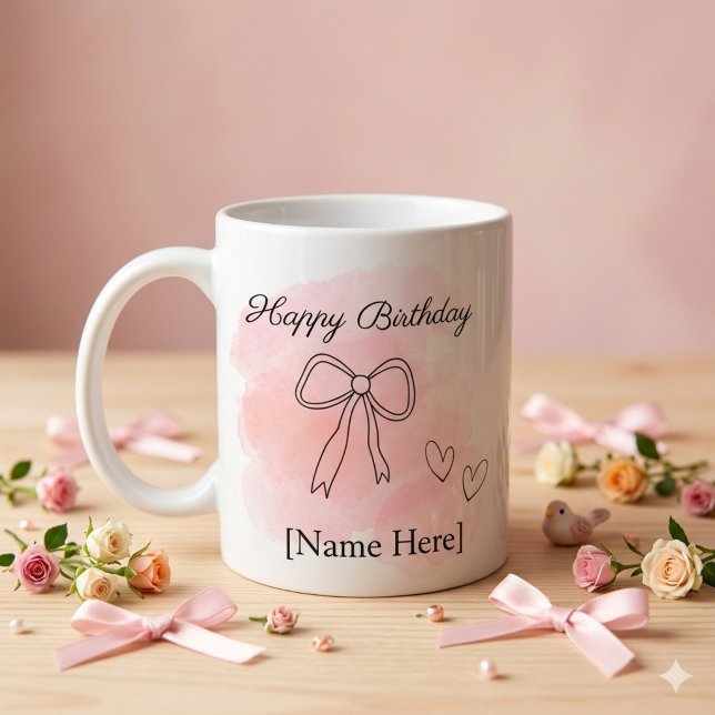 Personalized Birthday Pink Coquette Bow Mug Kaffemugg (Aesthetic birthday coquette mug with pink watercolor, line art bow, and customizable text)