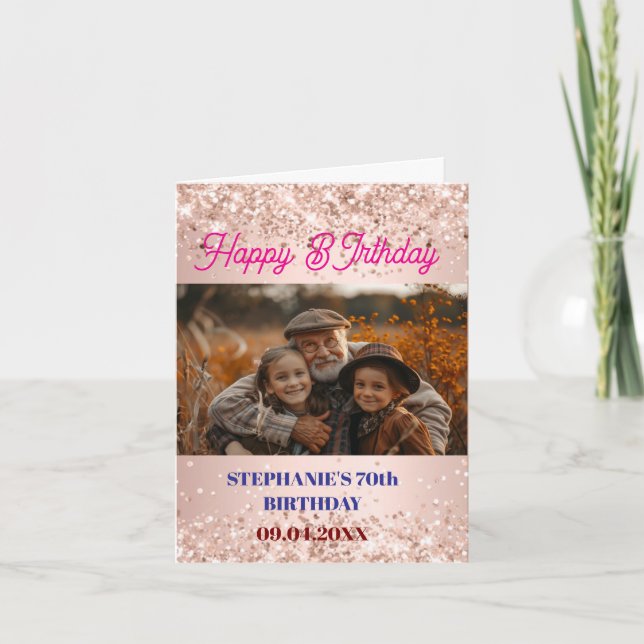 Personalized Birthday rose gold photo Kort (Framsida)