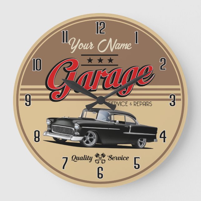 Personalized Black 1955 Car Garage Large Clock Stor Klocka (Framsida)