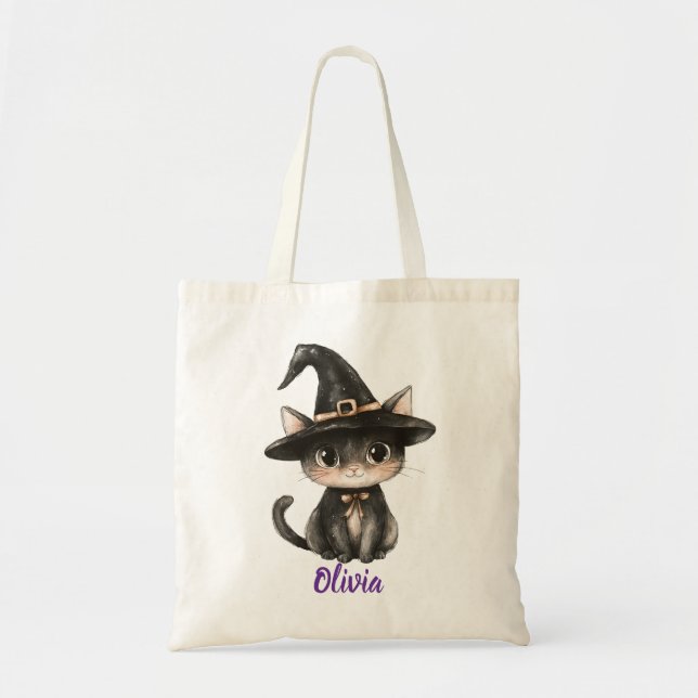 Personalized Black Cat Trick-or-Treat Bag Tygkasse (Framsidan)