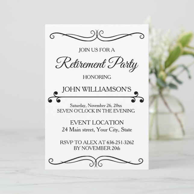 Personalized black elegant retirement party  inbjudningar (Stående Fram)