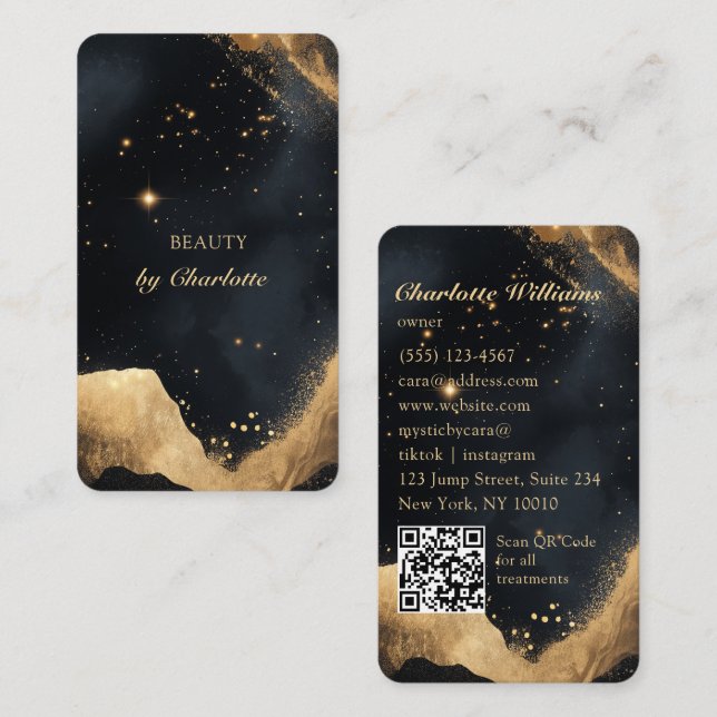 Personalized Black & Gold Galaxy QR Code Visitkort (Fram/baksida)