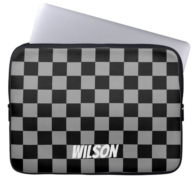 Personalized  black &gray checkered monogram name laptop fodral (Framsidan)