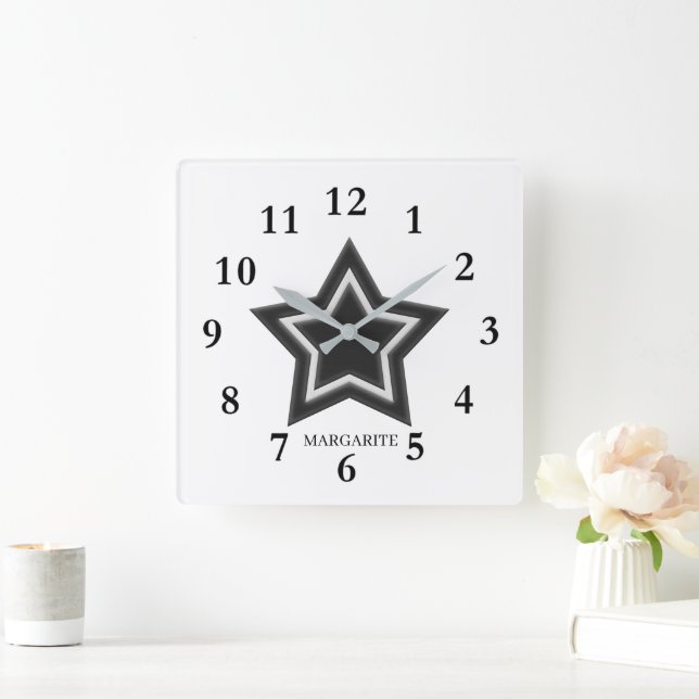 Personalized Black & White Star Fyrkantig Klocka (Hem)