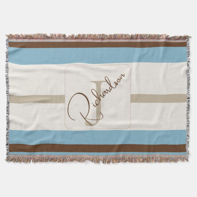 Personalized Blue Brown Stripe Monogram Coastal  Filt (Framsidan)