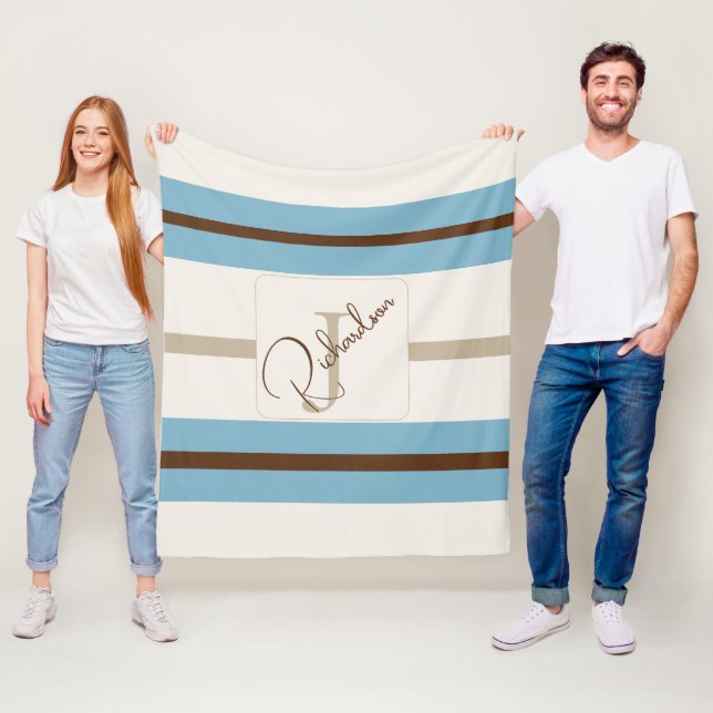 Personalized Blue Brown Stripe Monogram Coastal  Fleecefilt (På plats)