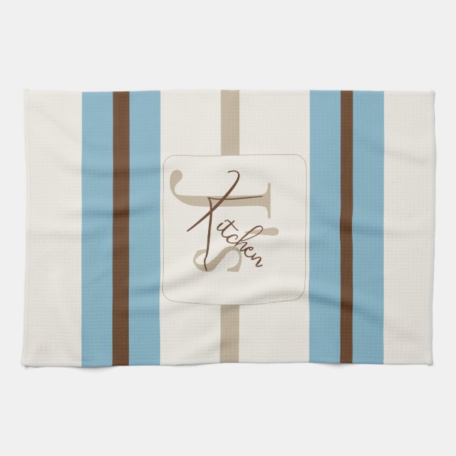Personalized Blue Brown Stripe Monogram Coastal  Kökshandduk (Horisontell)